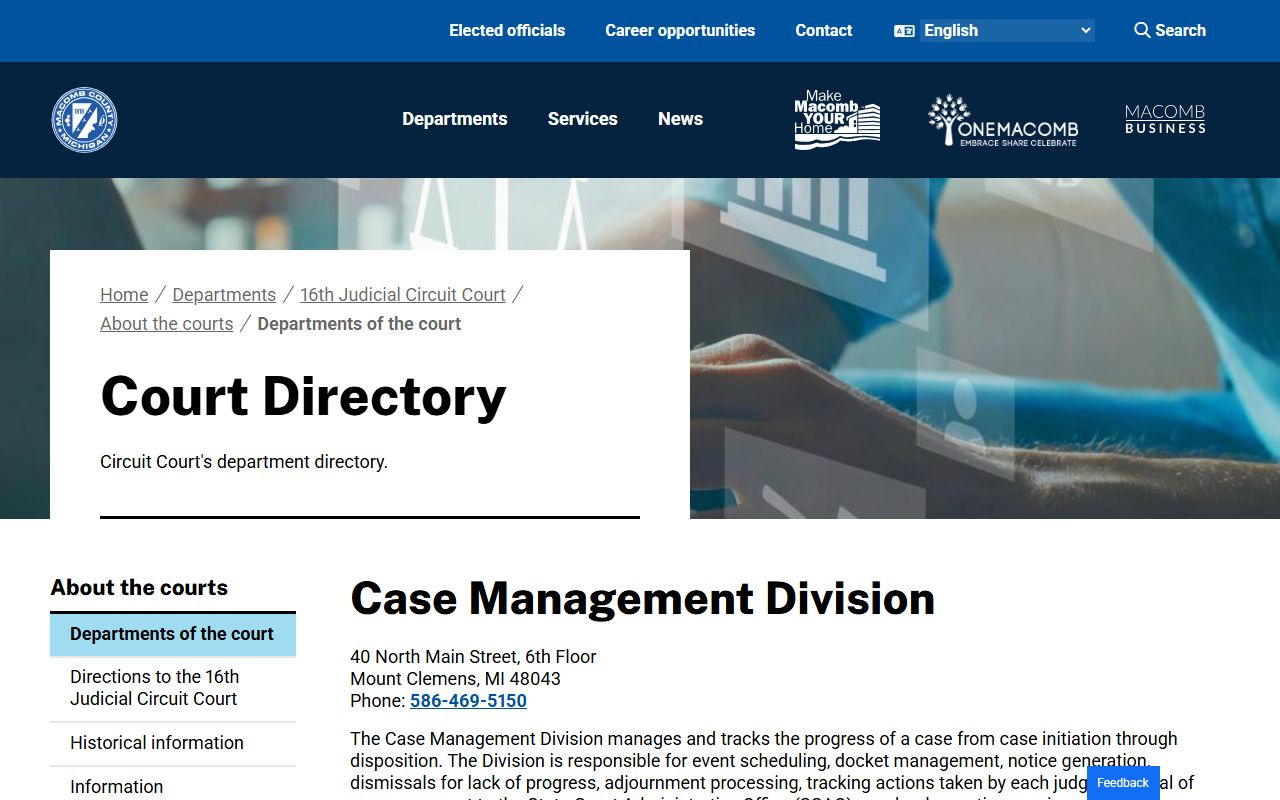 Macomb County Clerk court records department directory