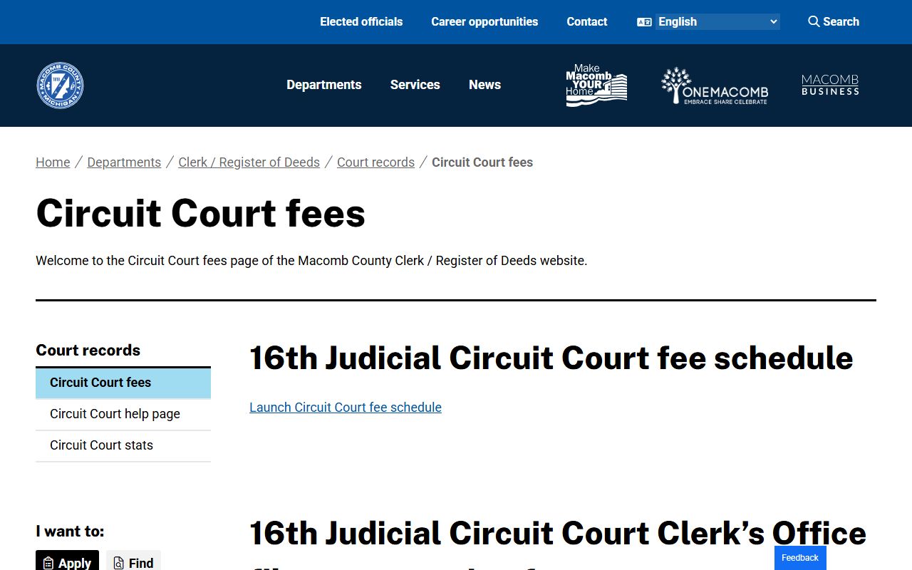 Macomb County court records Circuit Court file room fee schedule