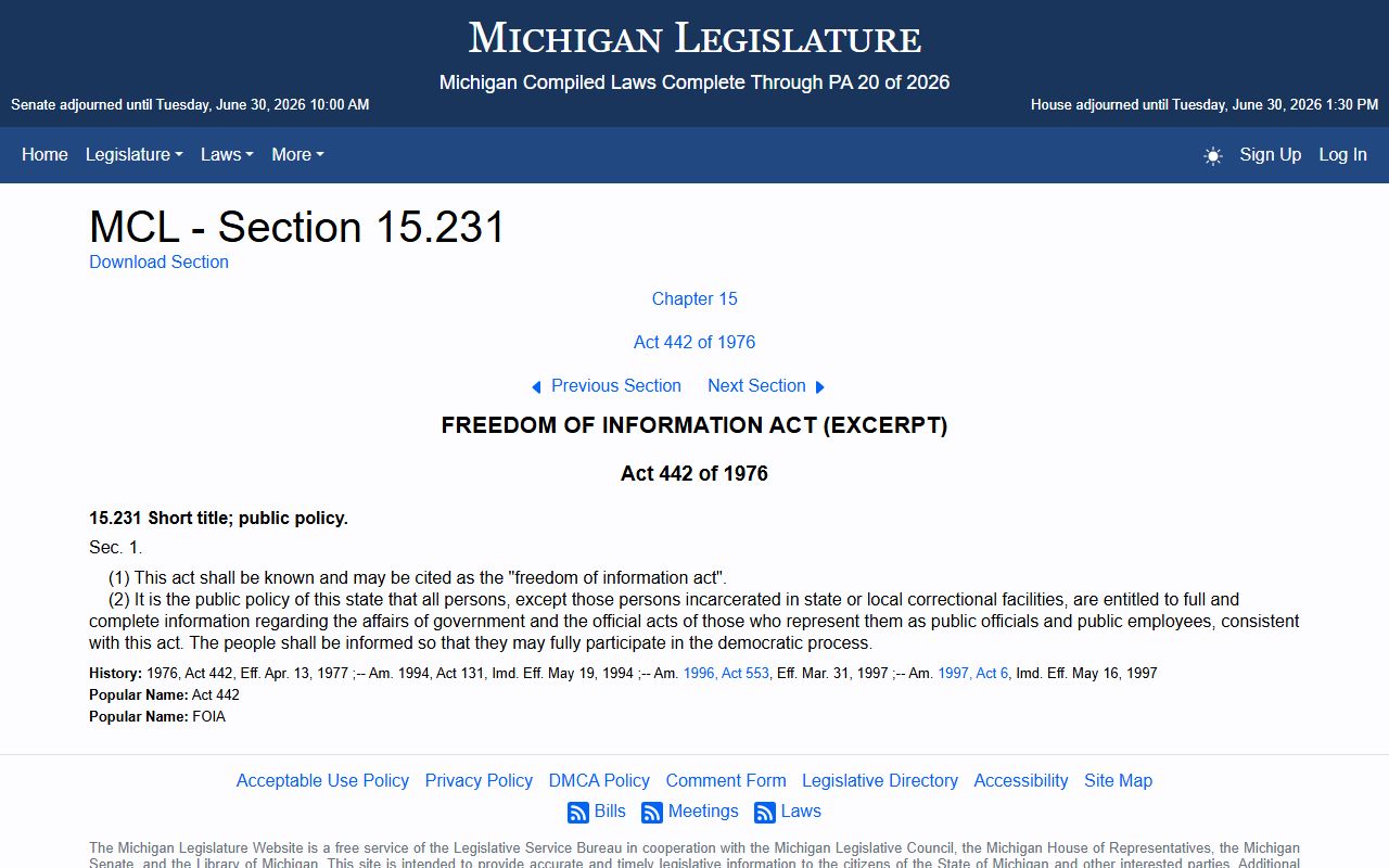 Macomb County court records and the Michigan FOIA policy statement MCL 15.231