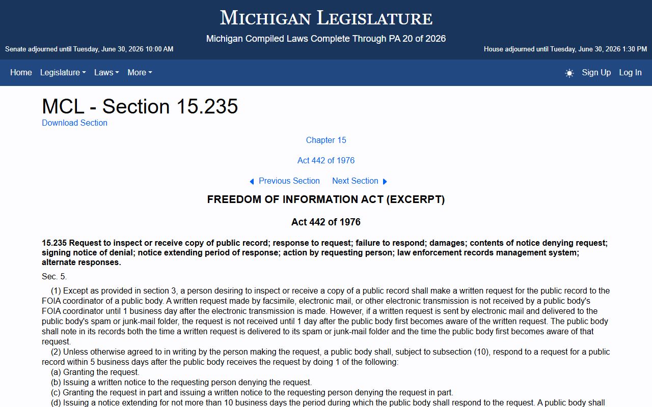 Macomb County records access under Michigan FOIA response procedure MCL 15.235