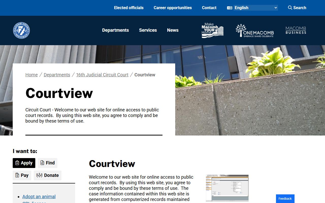 Macomb County CourtView public access information page for court records