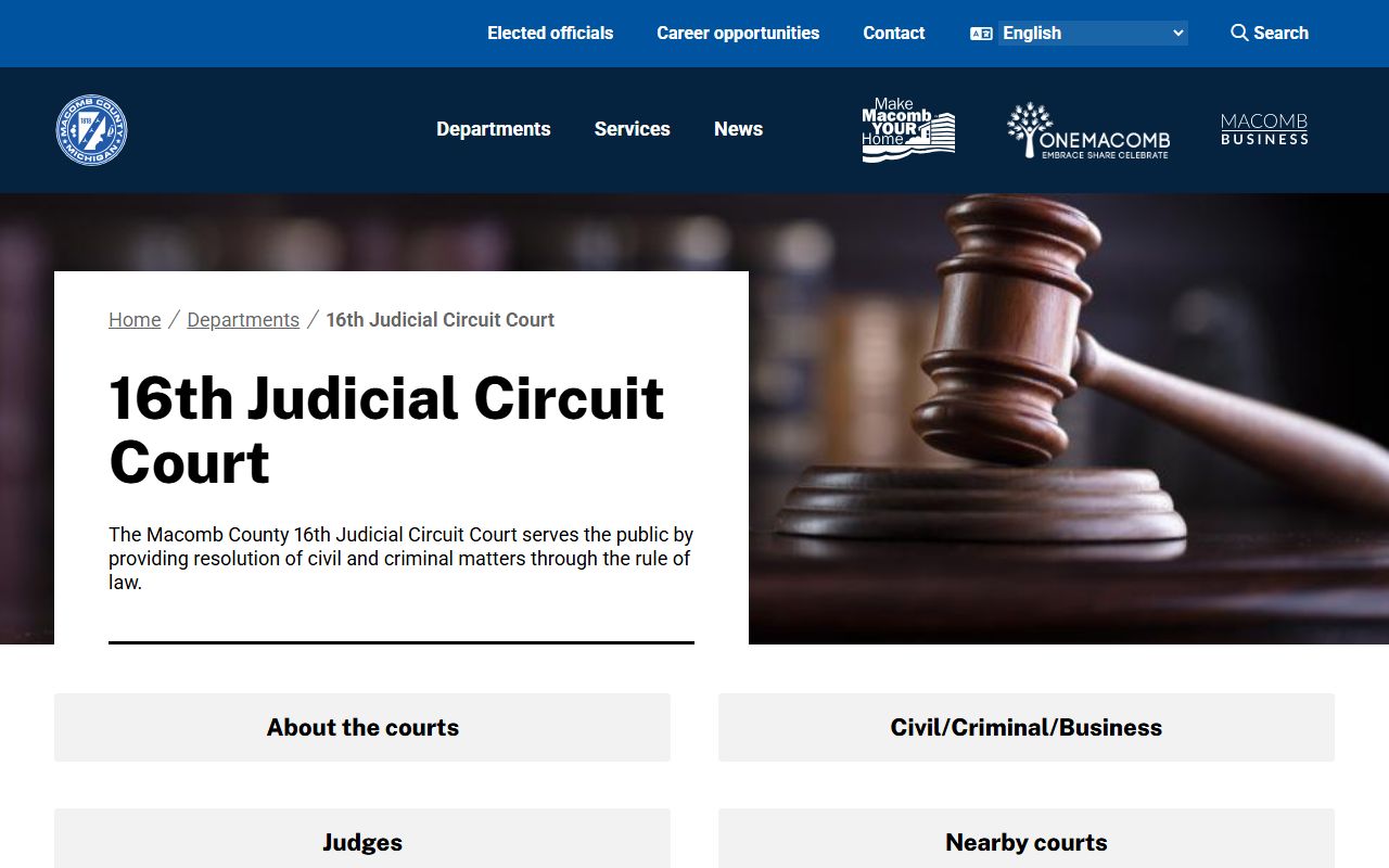 Macomb County 16th Judicial Circuit Court homepage with court records links