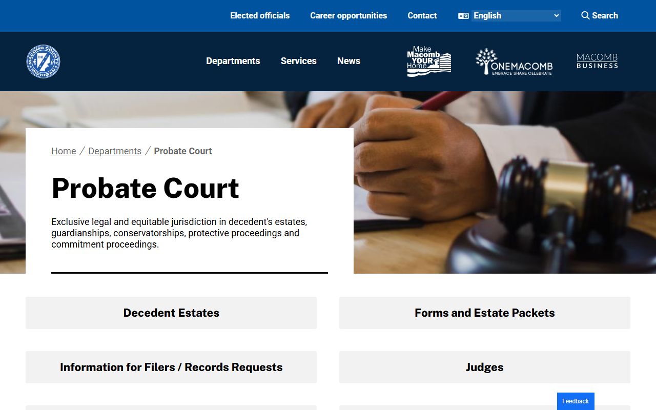 Macomb County Probate Court homepage for estate and guardianship court records