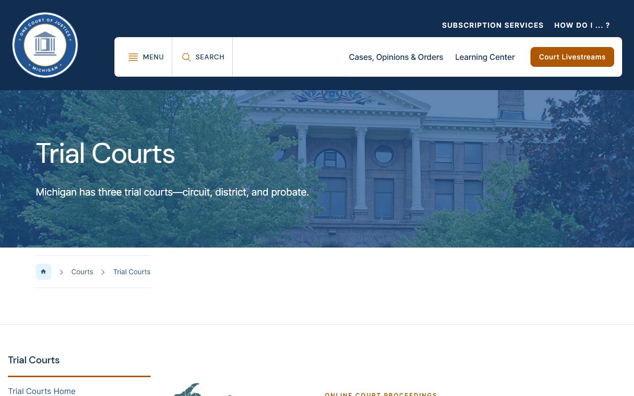 Michigan trial courts overview page for Macomb County court records