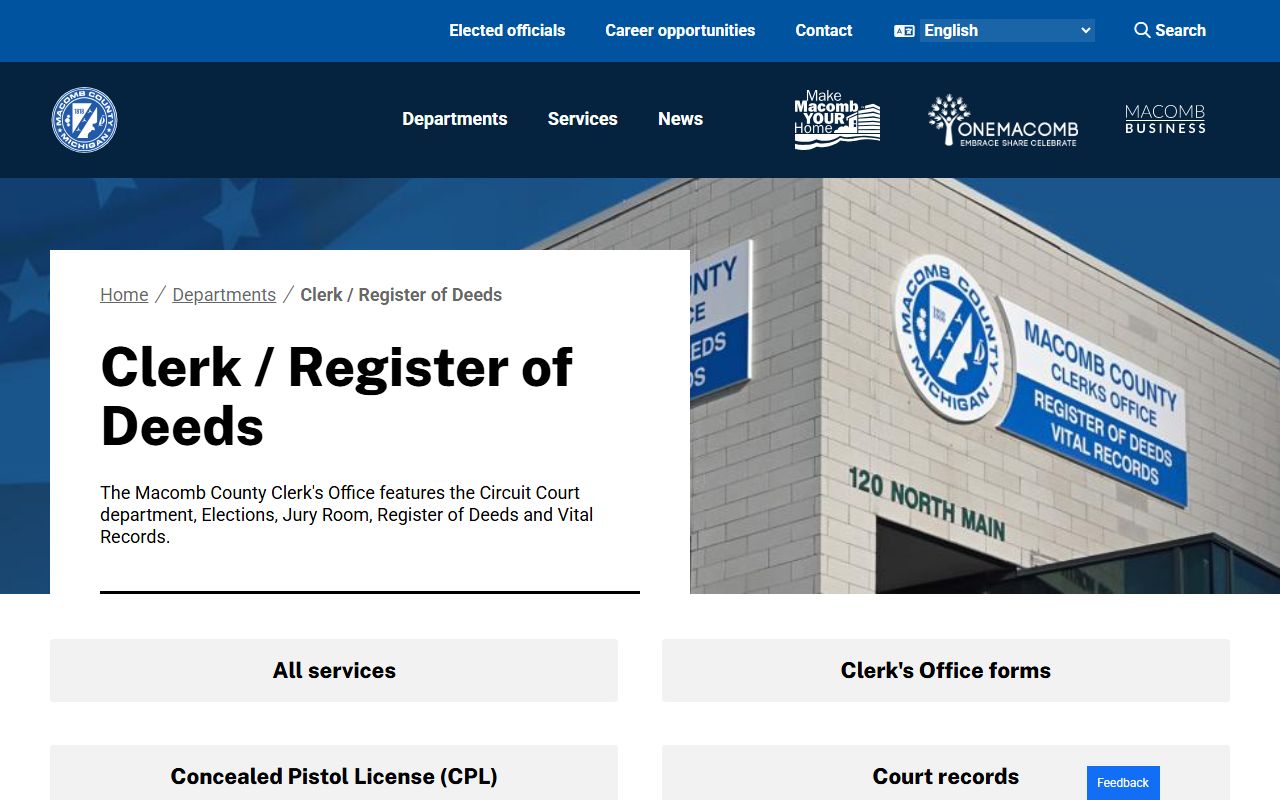 Macomb County Clerk Register of Deeds homepage for court records access