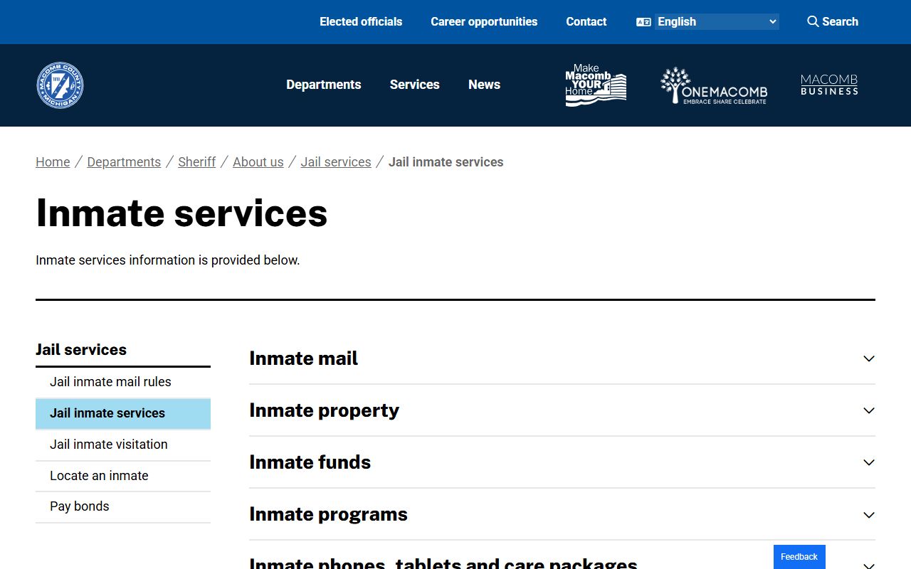 Macomb County inmate services and mail rules page