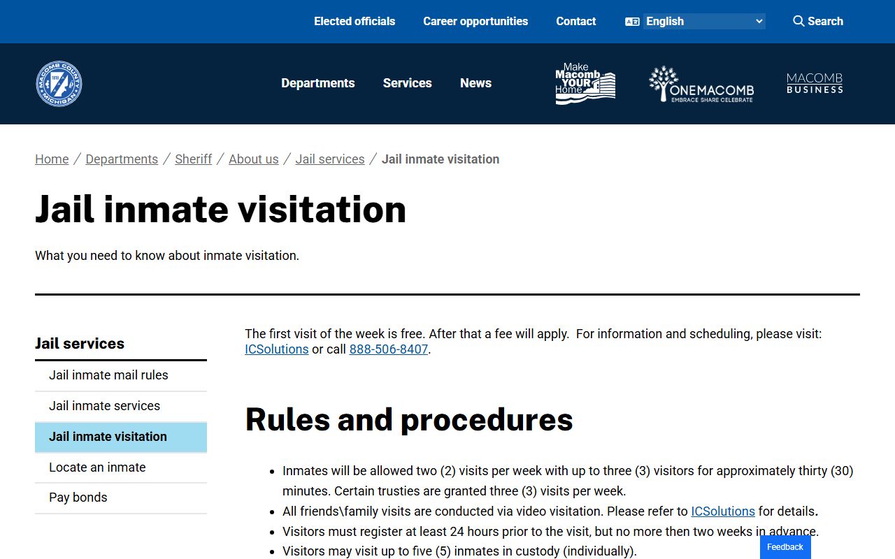 Macomb County jail inmate visitation scheduling page