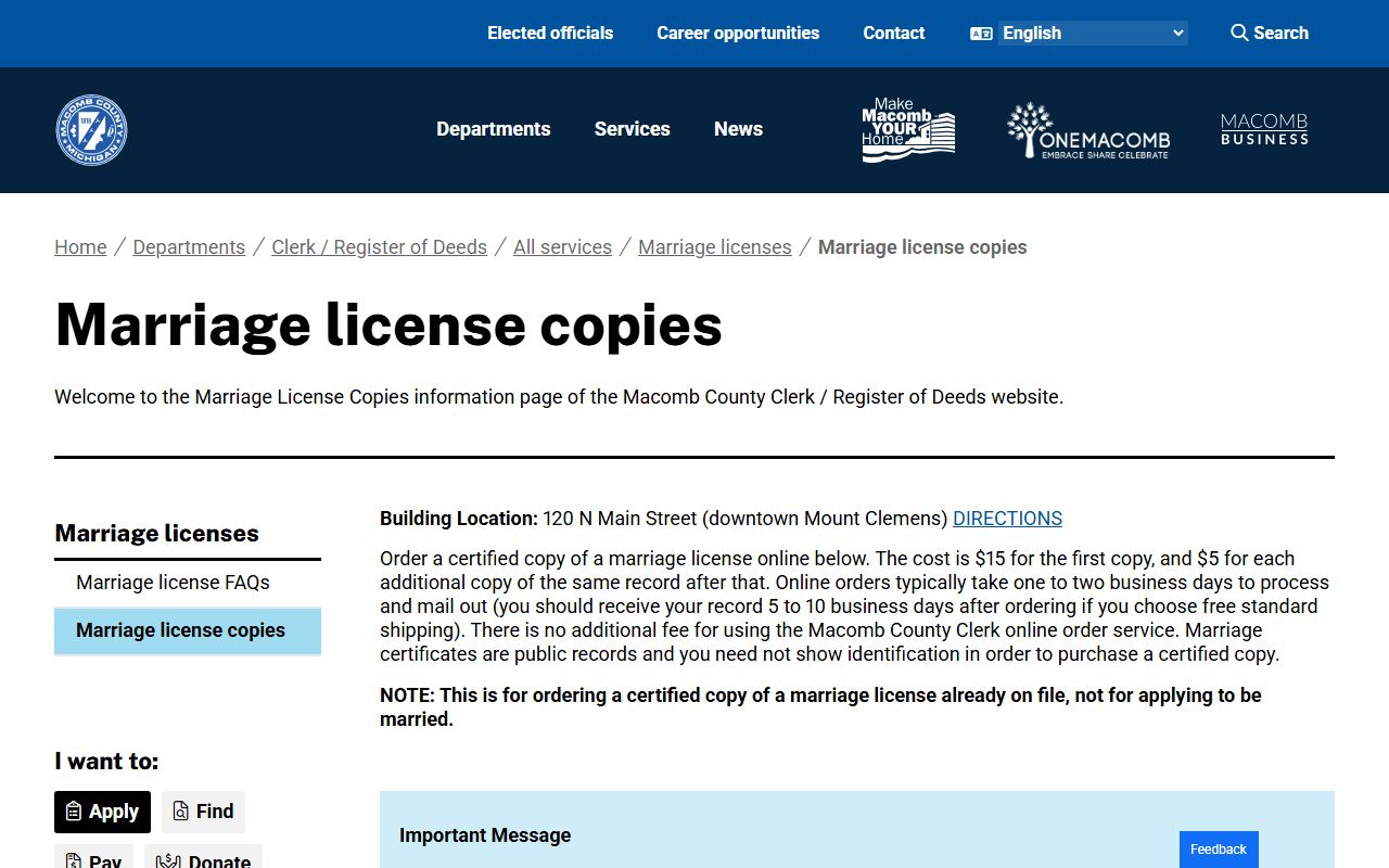 Macomb County marriage record certified copy order page