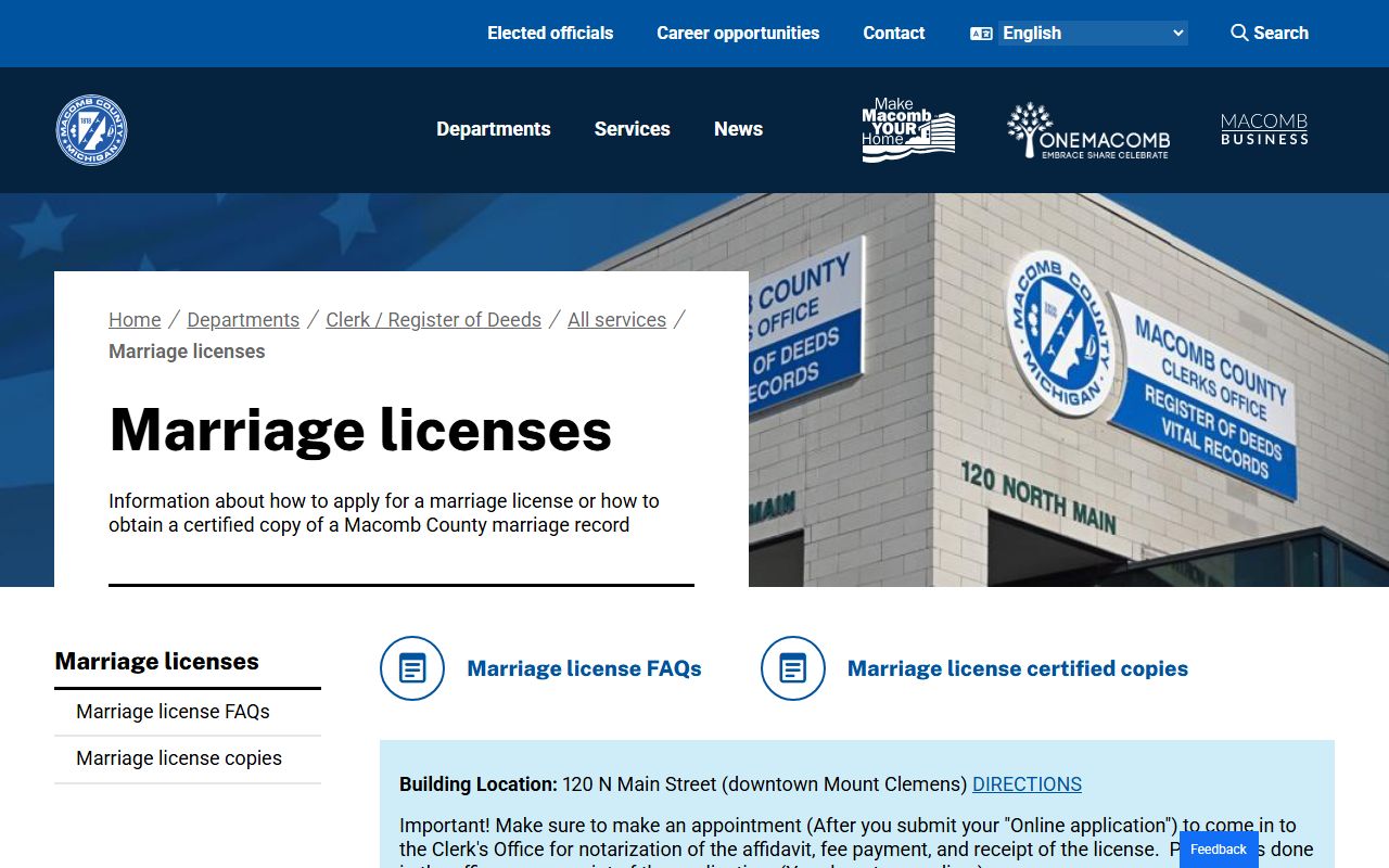 Macomb County marriage license application page