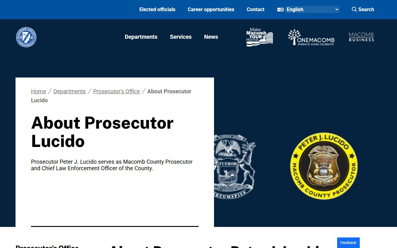 Macomb County Prosecutor Peter J. Lucido bio page related to warrant charges