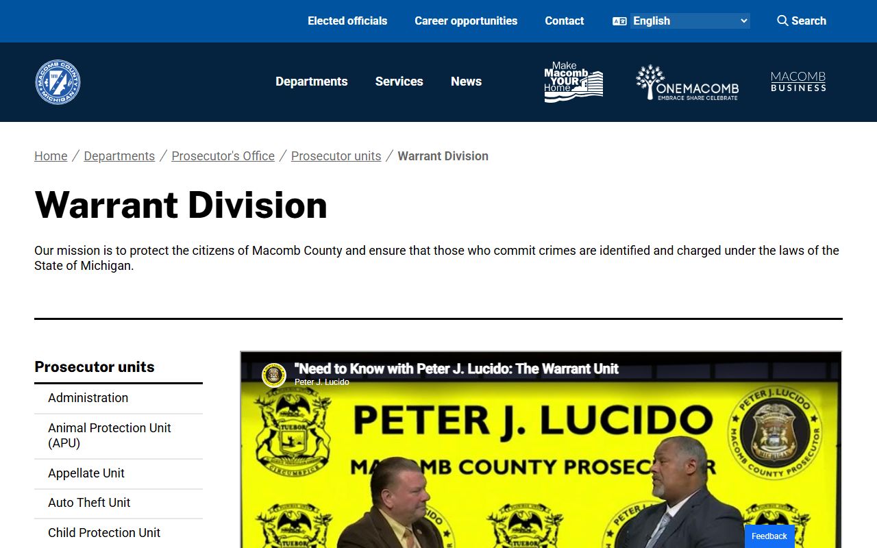 Macomb County Warrant Division page explaining criminal complaints and warrants
